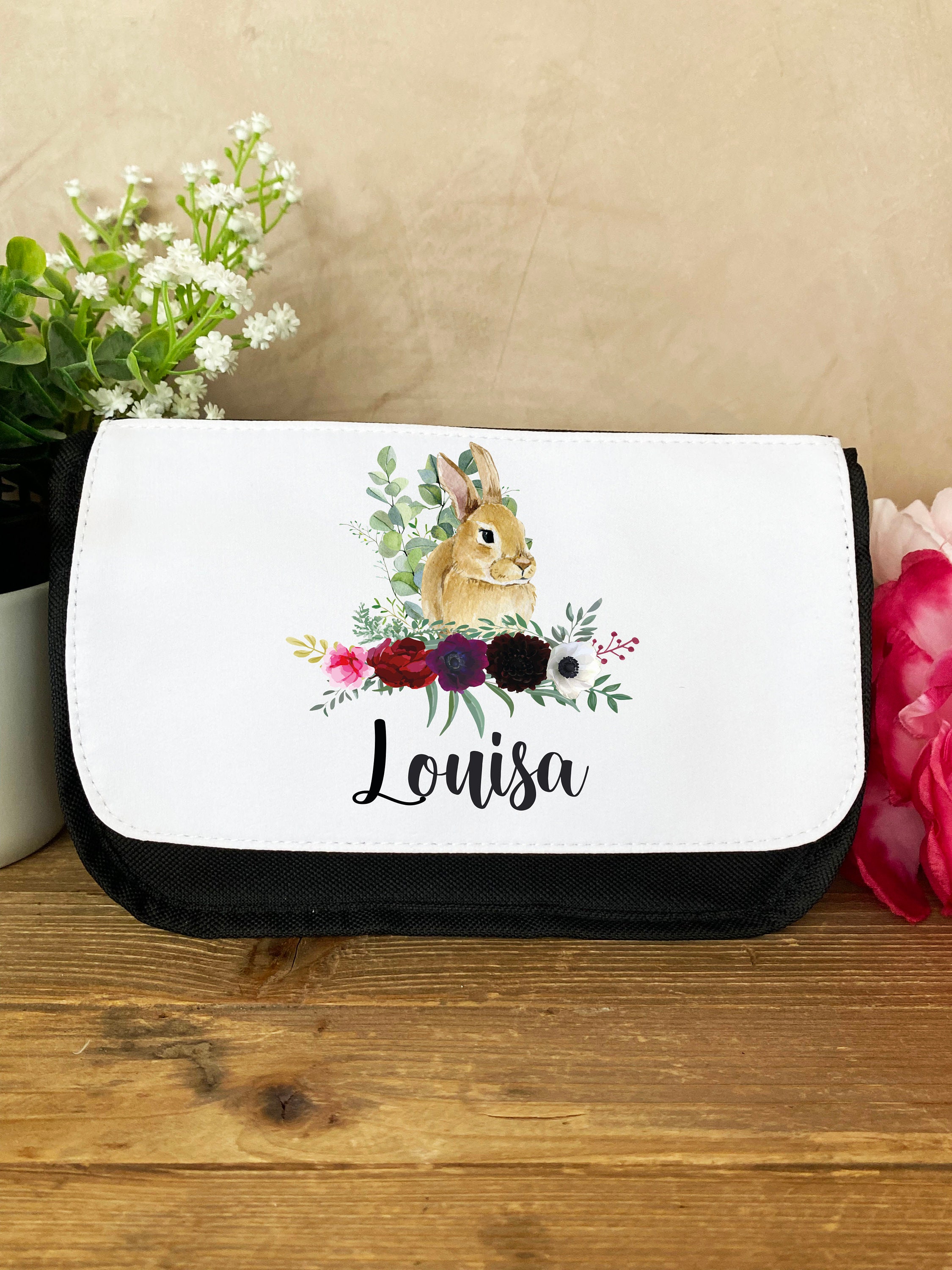 Trousse École Personnalisée/Pochette Crayons Écolier Prénom/Lapin Bordeau