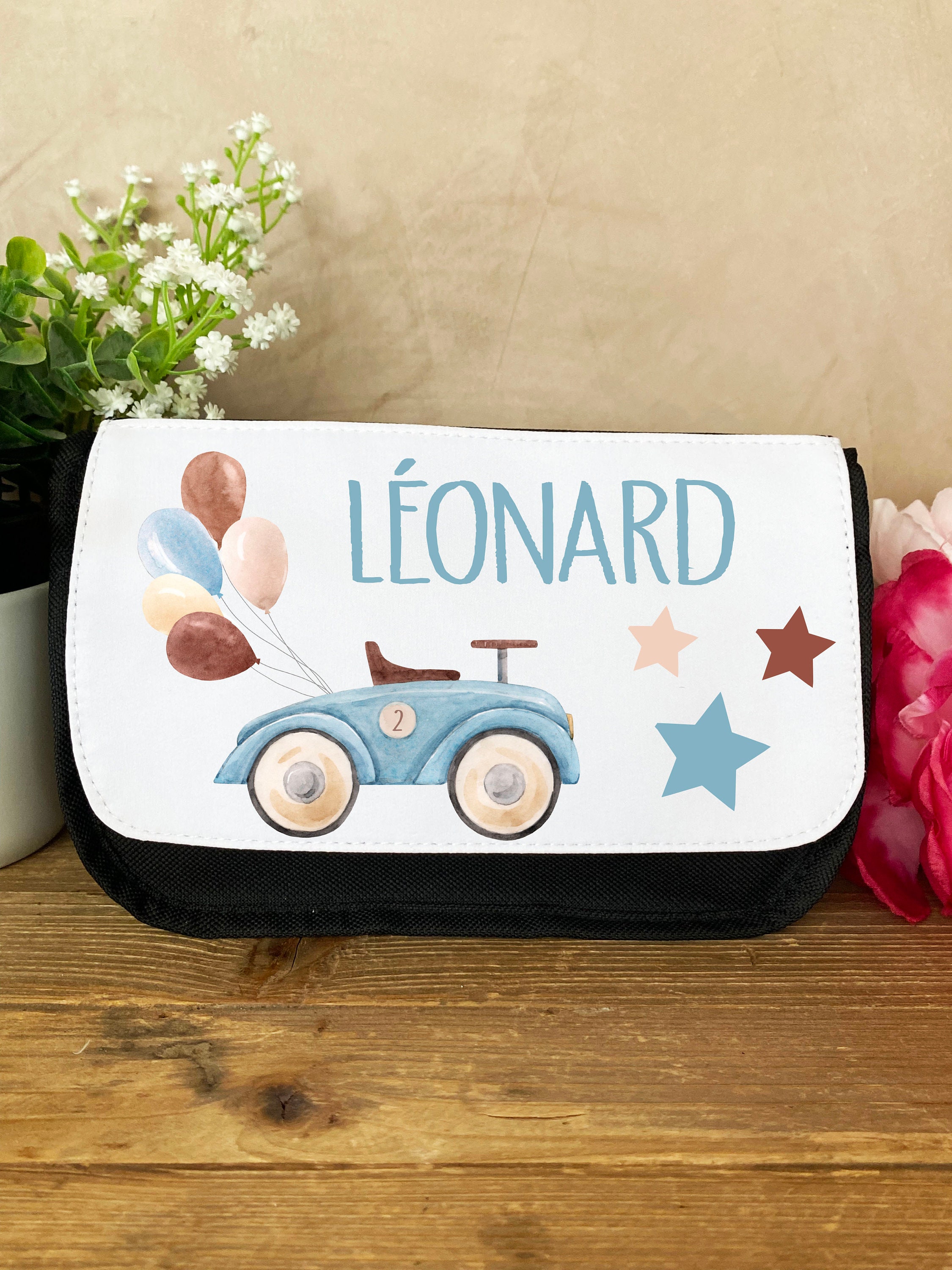 Trousse École Personnalisée/Pochette Crayons Écolier Prénom/Voiture Vintage