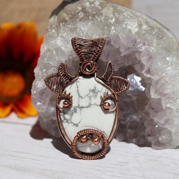 Cow wire wrapped pendant, Howlite stone of patience, copper, vegan, crystal healing, eco friendly, gift for animal lover, farm sanctuary