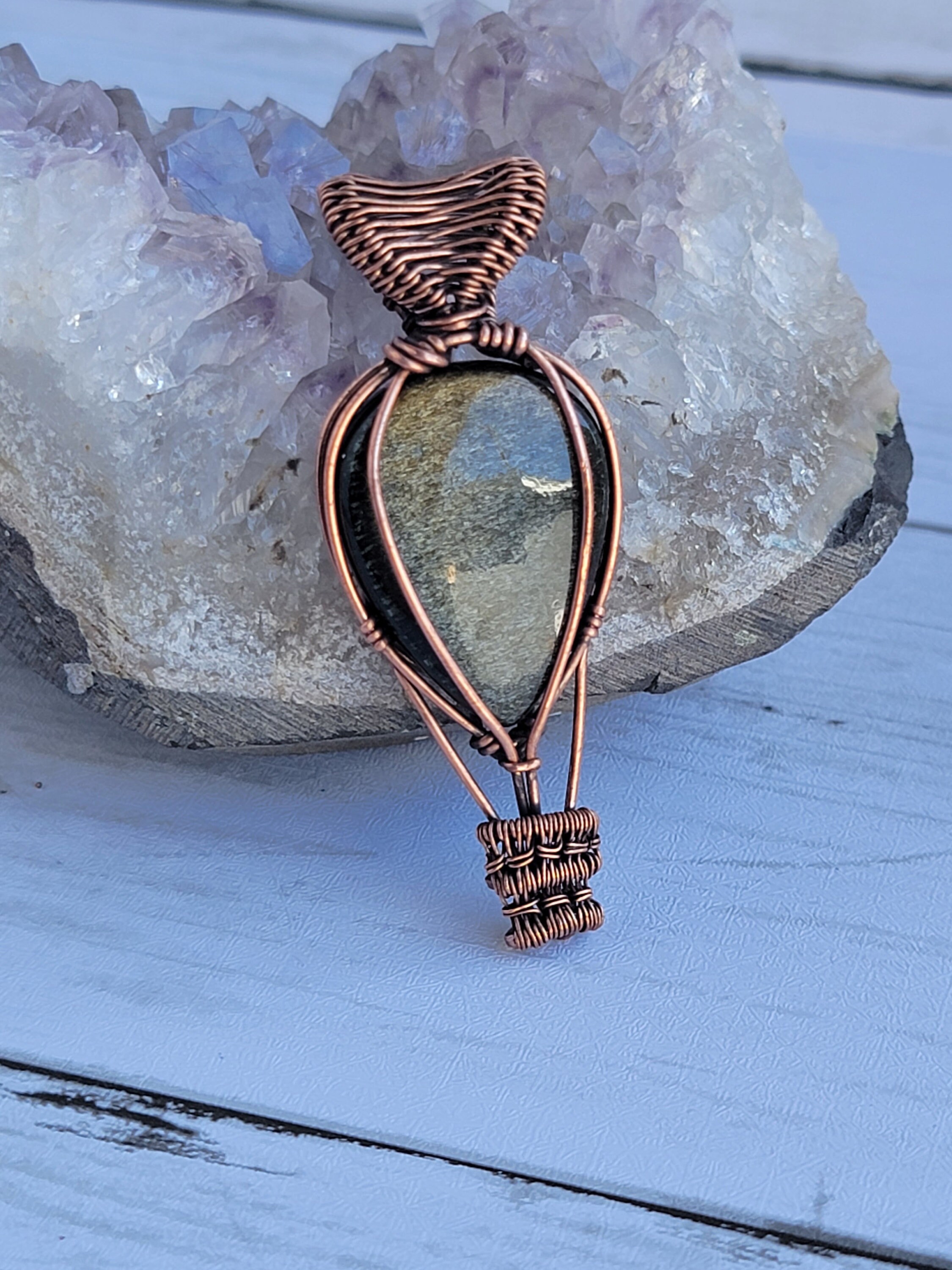 Hot Air Balloon Festival Necklace with Gold Sheen Obsidian, crystal therapy, balloon jewelry, copper wire wrapped, eco-friendly, vegan, gift