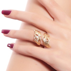 Gold Leaf Adjustable Ring For Women, Wrapped Ring, Gold Boho Ring, Gold Statement Brass Ring, Open Band Engraved Ring, Dainty Ring