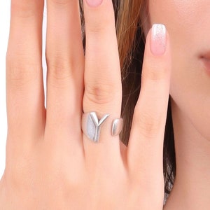 Antique Silver Initial Ring, Personalized Custom Ring, Adjustable Letter Y Ring, Uppercase Alphabet Ring, Wide Band Couple Matching Ring