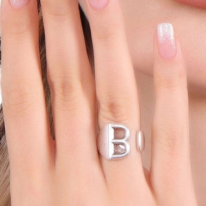 Antique Silver Initial Ring, Personalized Custom Ring, Adjustable Letter B Ring, Uppercase Alphabet Ring, Wide Band Couple Matching Ring