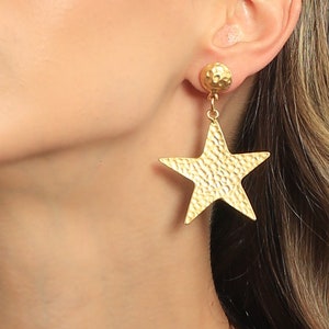 Gold Star Dangle Earrings, Statement Earrings, Gold Plated Handmade Dangle Earrings, Party Wear Earrings, Stylish Big Star Dangle Earrings
