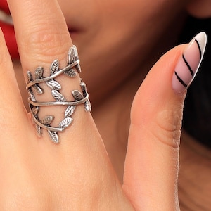 Antique Silver Adjustable Wrapped Around Leaf Ring For Women, Adjustable Brass Ring, Statement Ring, Botanical Ring, Open Band Ring