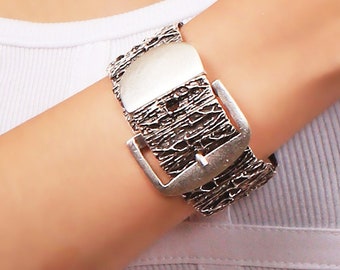 Antique Silver Plated Adjustable Metalwork Watchband Stretch Bracelet, Boho Style Elastic Bracelet, Expanding Chunky Cuff Bracelet For Women