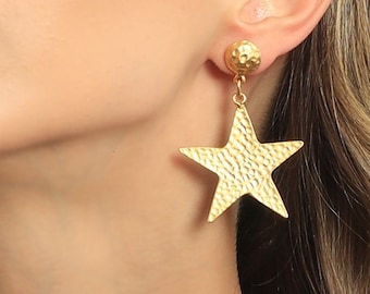 Gold Star Dangle Earrings, Statement Earrings, Gold Plated Handmade Dangle Earrings, Party Wear Earrings, Stylish Big Star Dangle Earrings