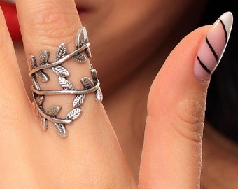 Antique Silver Adjustable Wrapped Around Leaf Ring For Women, Adjustable Brass Ring, Statement Ring, Botanical Ring, Open Band Ring