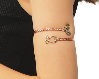 Magnetic Pure Copper Cuff Bracelet, Open Band Adjustable Metalwork Bracelet, Upper Arm Band, Double Branch Bangle, Twisted Rope Bracelet