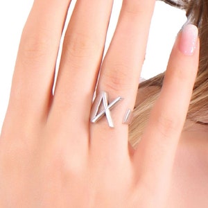 Antique Silver Initial Ring, Personalized Custom Ring, Adjustable Letter X Ring, Uppercase Alphabet Ring, Wide Band Couple Matching Ring