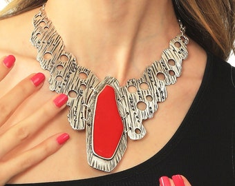 Antique Silver Plated Bohemian Chunky Bib Necklace, Asymmetric Piece Enamel Necklace, Statement Necklace, Gift For Women, Colorful Necklace