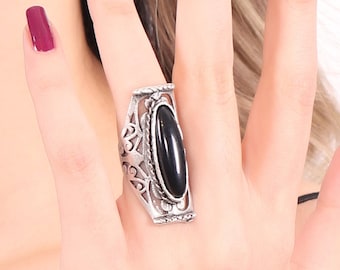 Long Statement Carved Ring For Women, Antique Silver Boho Style Ring With Beaded, Handmade Design Ring, Vintage Inspired Ring, Gift For Her