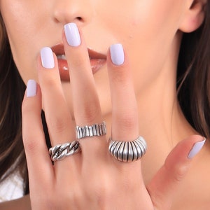3 Pieces Antique Silver Adjustable Twisted Dome Ring Set  For Women, Boho Silver Ring Set,Chunky Ring, Braid Rope Ring,Signet Ring For Women
