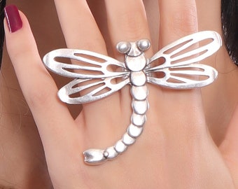 Antique Silver Plated Adjustable Dragonfly Ring, Brass Ring, Animal Ring, Gift For Woman, Boho Style, Woman Jewelry, Big Boho Style Ring