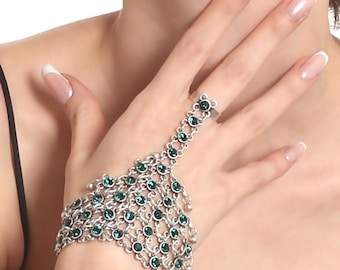 Antique Silver Plated Cubic Zirconia Stone Ring&Chain Bracelet, Boho Style Hand Chain, Handmade Slave Bracelet, Finger Linked Bracelet