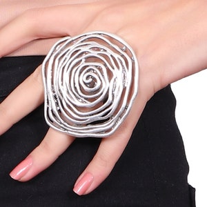 Antique Silver Plated Adjustable Rose Ring, Big Flower Ring, Boho Style Ring,  Statement Ring, Wire Ring, Full Finger Ring, Extra Large Ring