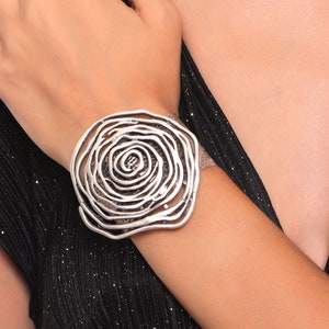 Antique Silver Open Band Adjustable Rose Bracelet , Chunky Cuff Bracelet,  Wide Band Statement Bracelet, Wire Wrap Vintage Inspired Bangle