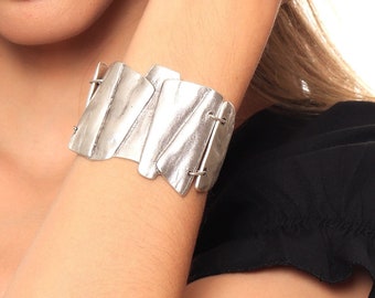 Chunky Layered Chain Link Bracelet, Antique Silver Adjustable Bracelet, Boho Bracelet, Brutalist Asymmetrical Bracelet For Women