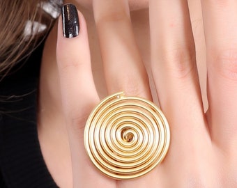Gold Circle Adjustable Ring For Women, Geometric Ring, Gold Boho Ring, Large Statement Brass Ring, Wire Wrapped Ring, Gold Chunky Ring,