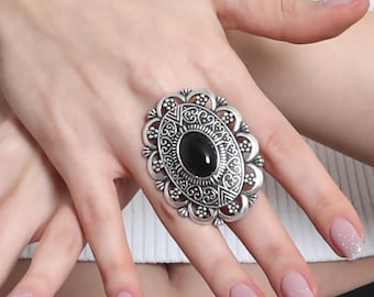 Antique Silver Plated Black Beaded Floral Motif Boho Style Flashy Large Adjustable Ring and Long Chain Adjustable Pendant Necklace