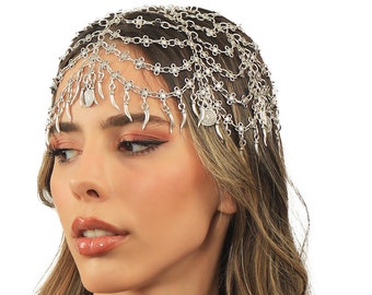 Antiek verzilverde metalen haarketting, haaraccessoires, haarsieraden, boho-stijl hoofdketting voor vrouwen, mode hoofddeksels, feestaccessoires