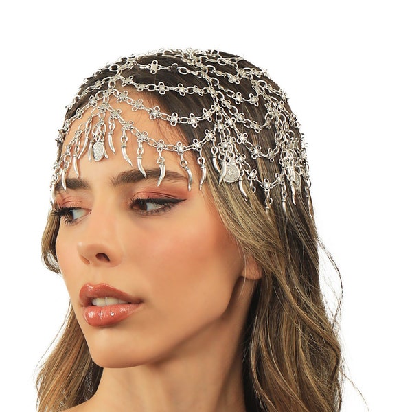 Chaîne de cheveux en métal plaqué argent antique, accessoires de cheveux, bijoux de cheveux, chaîne de tête de style Boho pour les femmes, coiffes de mode, accessoire de fête