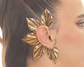 Gold Plated Leaf Earcuff With Zircon Stone, Handmade Boho Style Big Leaf Earcuff, Wrap Around Ear Cuff, Costume Jewellery