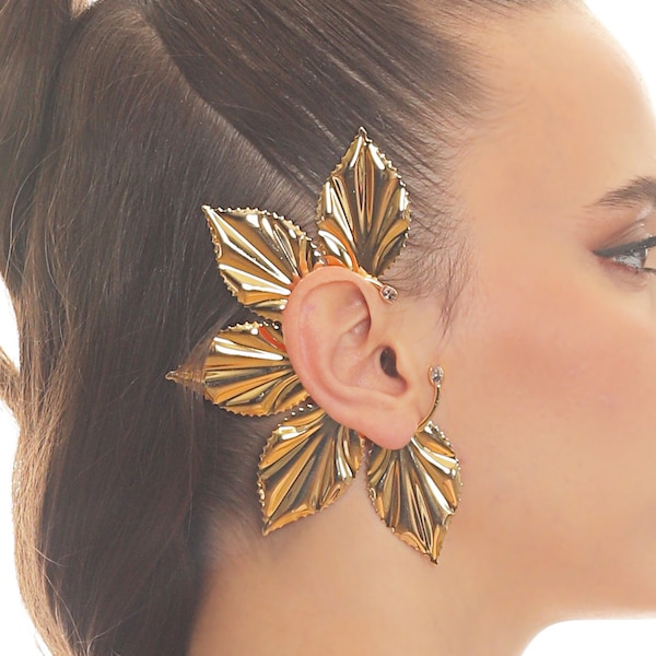 Gold Plated Leaf Earcuff With Zircon Stone, Handmade Boho Style Big Leaf Earcuff, Wrap Around Ear Cuff, Costume Jewellery