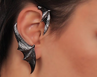 Bat Wing Ear Cuff, Single Bat Wing Stud Cuff Earring, Bat Wing Ear Wrap, Brass Ear Cuff Antique Silver & Black Laquer Plated, Right Ear Wrap