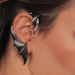 Bat Wing Ear Cuff, Single Bat Wing Stud Cuff Earring, Bat Wing Ear Wrap, Brass Ear Cuff Antique Silver & Black Laquer Plated, Right Ear Wrap
