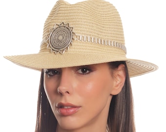 Bohemian Beach Festival Hats, Summer Straw Sun Hats, Boho Cowboy Hats For Women, Antique Silver Plated Metal Band Design Straw Hat For Women