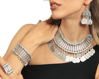 Antique Silver Ottoman Coin Statement Jewelry Set, Boho Vintage Inspired Necklace, Ottoman Dangle&Drop Earring - Ring - Bracelet - Necklace