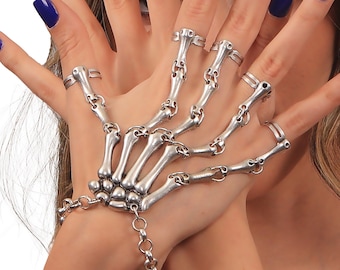 Pulsera de esqueleto esqueleto con 5 piezas anillos completos de dedos joyas góticas punk con joyería de halloween de aleación de aleación con articulación móvil para cosplay, fiesta, disfraz, negro Pulsera de esqueleto esqueleto con 5 piezas anillos completos de dedos joyas góticas punk con joyería de halloween de aleación de aleación con articulación móvil para cosplay, fiesta, disfraz, negro