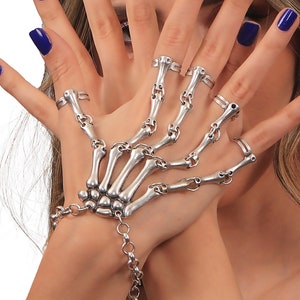 Antique Silver Gothic Skeleton Hand Ring Bracelet, Skeleton Hand Bracelet, Skeleton Full Finger Ring Bangle, Handmade Slave Bracelet