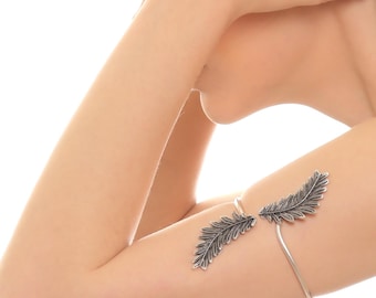Antique Silver Open Band Adjustable Arm Cuff Bracelet, Lower Leaf Arm Cuff, Boho Bracelet, Double Branch Bangle, Silver Leaf Upper Arm Cuff
