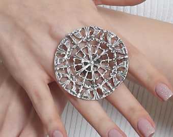 Antique Silver Spider Web Chunky Cuff Adjustable Bracelet & Ring Set, Boho Style Jewelry, Gift For Her