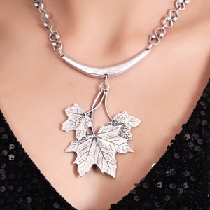 Antique Silver Statement Adjustable Chunky Boho Bib Necklace, Sycamore Leaf Stylized Necklace, Boho Necklace, Gift For Her, Vintage Necklace