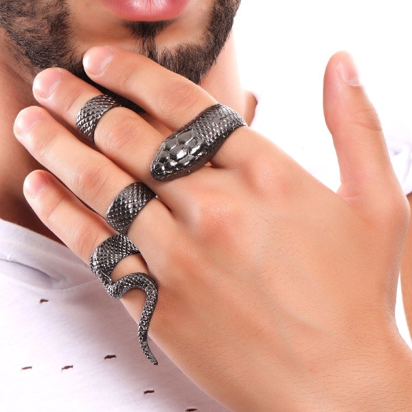 4-piece Serpent Snake Adjustable Metalic Black Ring Set, Boho Ring,4 Finger Big Snake Ring, Animal Statement Brass Ring,Punk Gothic Ring Set