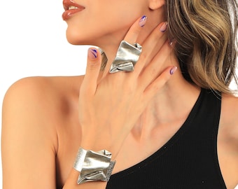 Antique Silver Adjustable Abstract Bracelet Ring Set, Full Finger Ring, Statement Bracelet Ring Set, Boho Style Jewelry, Brutalist Jewelry