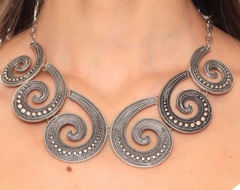 Antique Silver Plated Etnic Design Bib Necklace, Vintage Inspired Necklace, Handmade Boho Style Necklace, Statement Necklace For Women