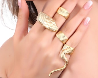 4-piece Serpent Snake Adjustable Gold Ring Set, Women Boho Ring, 4 Finger Big Snake Ring, Animal Statement Brass Ring, Punk Gothic Ring Set