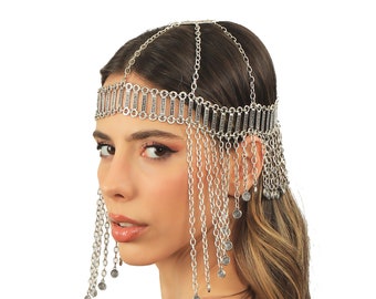 Antiek verzilverde metalen haarketting, haaraccessoires, haarsieraden, boho-stijl hoofdketting voor vrouwen, mode-hoofddeksels, feestaccessoire