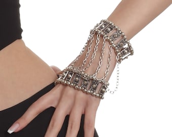 Antique Silver Plated Expandable Elasticated Fingerless Gloves Model Hand Chain Bracelet For Women, Handmade Boho Style Chain Link Bracelet