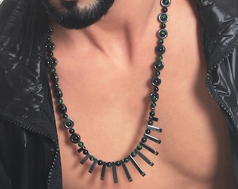 Men's jewelry - Trendy grey and green colours men's necklace in tiger's eye stone and hematite, Handmade natural stone men's necklace