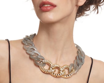 Marble Print Grey Statement Necklace, Chunky Tortoise Shell Necklace, Resin Acrylic Link Chain, Necklace and Dangle Earrings Gray Acrylic