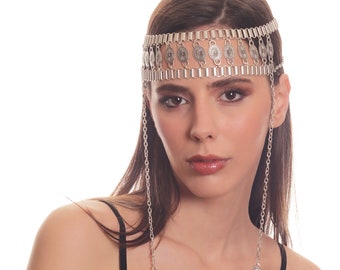 Antiek zilveren handgemaakte haarketting, haaraccessoires, haarsieraden, Boho Style hoofdketting voor vrouwen, Ottomaanse hoofddeksels, feestaccessoire