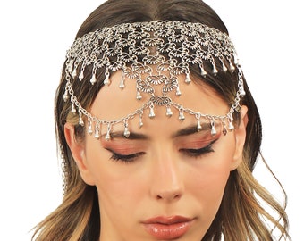 Antiek verzilverde metalen haarketting, haaraccessoires, haarsieraden, boho-stijl hoofdketting voor vrouwen, mode-hoofddeksels, feestaccessoire