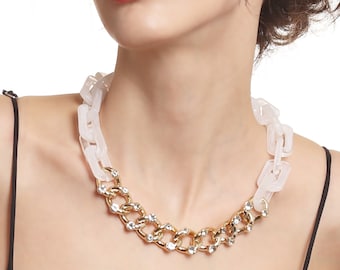 Gold and White Marble Print Resin Link Chain Necklace With Zircon Stone, Design Acrylic Link Choker, Resin Link Choker, Gift For Her