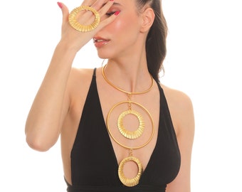 22K Matte Gold Plated  Brass Collar Necklace&Ring Set, Modern Collar Necklace, Gold Neck Cuff, Gold Choker Necklace, Handmade Gold Ring
