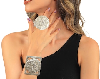 Conjunto de anillo de pulsera geométrica de textura en relieve ajustable de plata antigua, Anillo de dedo completo, Conjunto de anillo de pulsera de declaración, Joyería de estilo boho